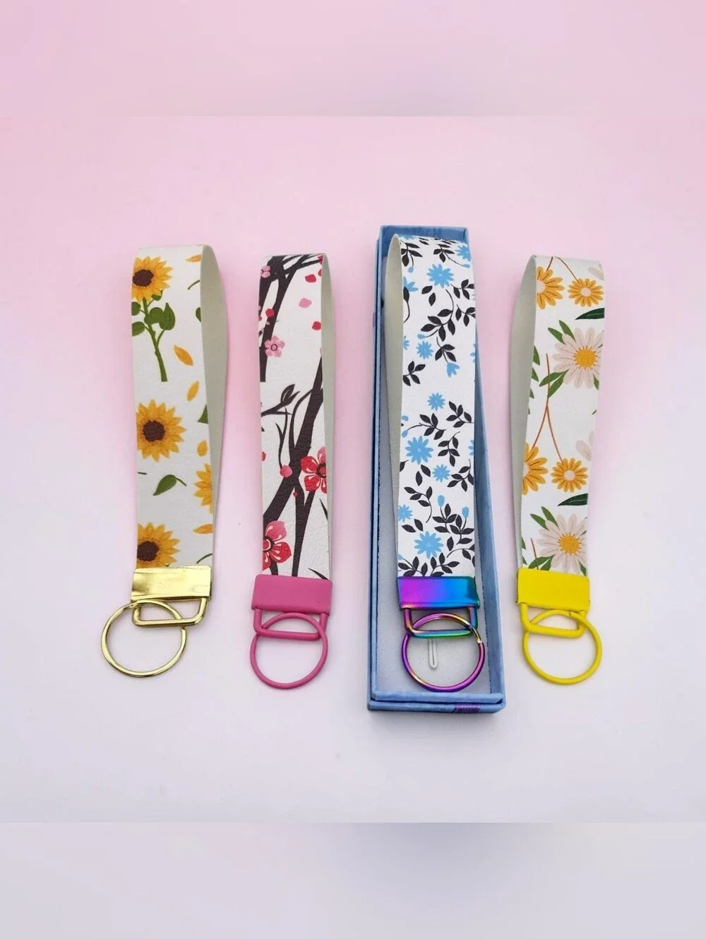 Friendly Floral Wristlet Keychain Fob Set | Gift Box Included- Vegan Leather